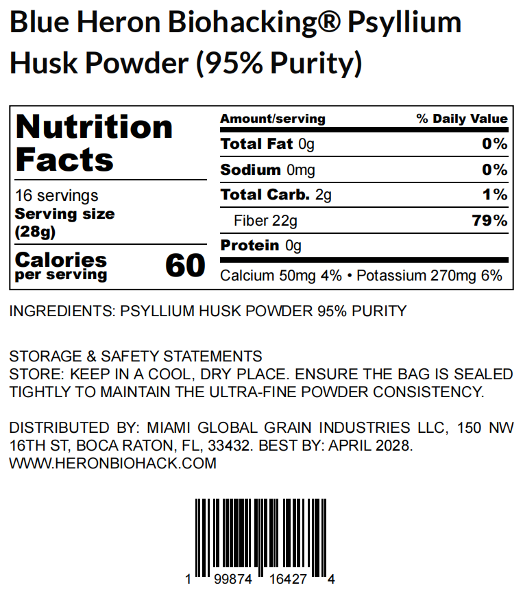 Blue Heron Biohacking® Psyllium Husk Powder (95% Purity)